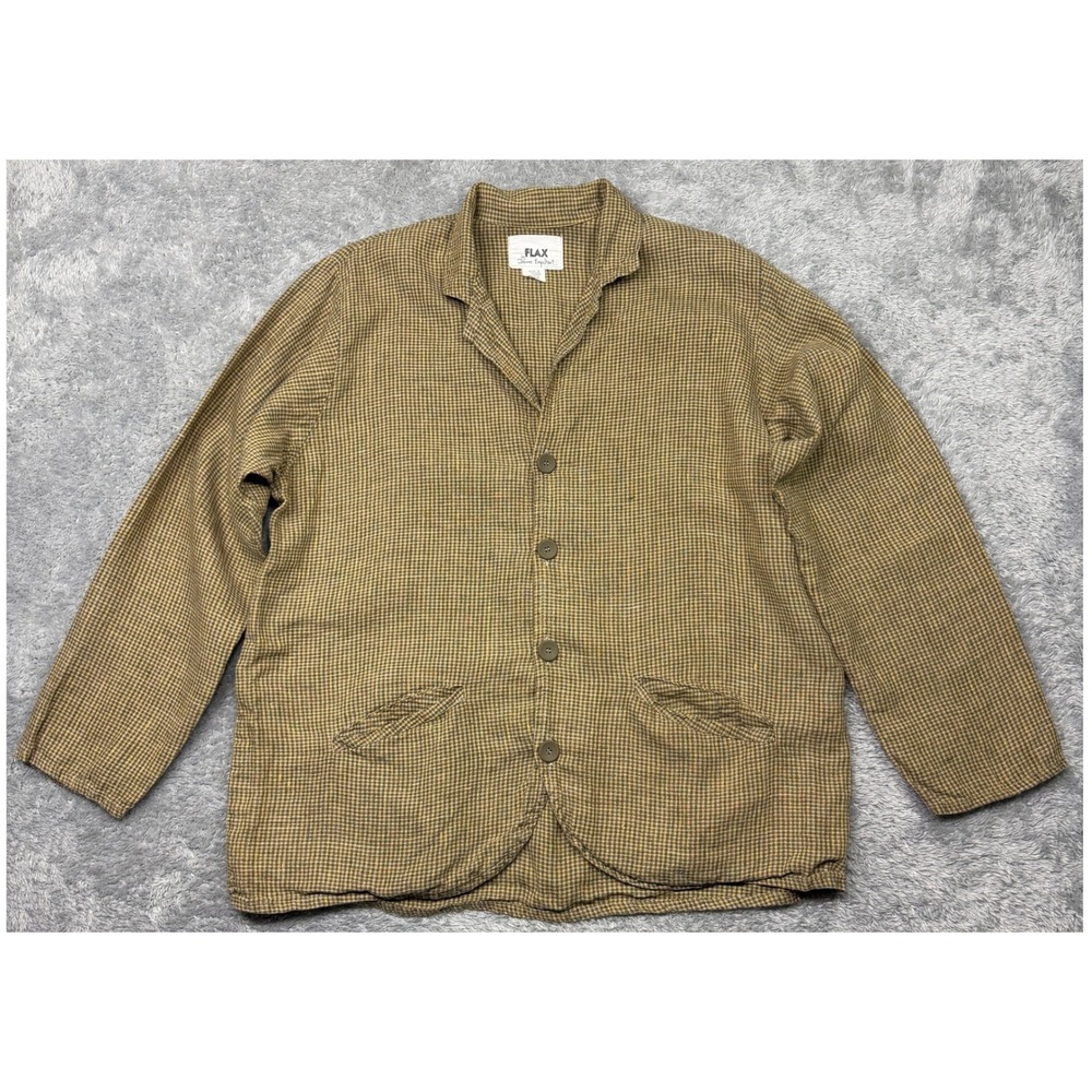 FLAX Jacket Womens Small Brown Yellow Linen Button Up Check Pockets Blazer